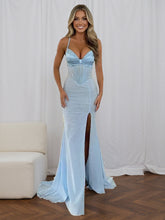 Glamorous Icy Blue Glitter Corset Prom Dress with Thigh-High Slit