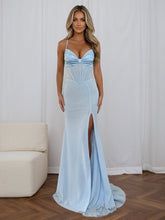 Glamorous Icy Blue Glitter Corset Prom Dress with Thigh-High Slit