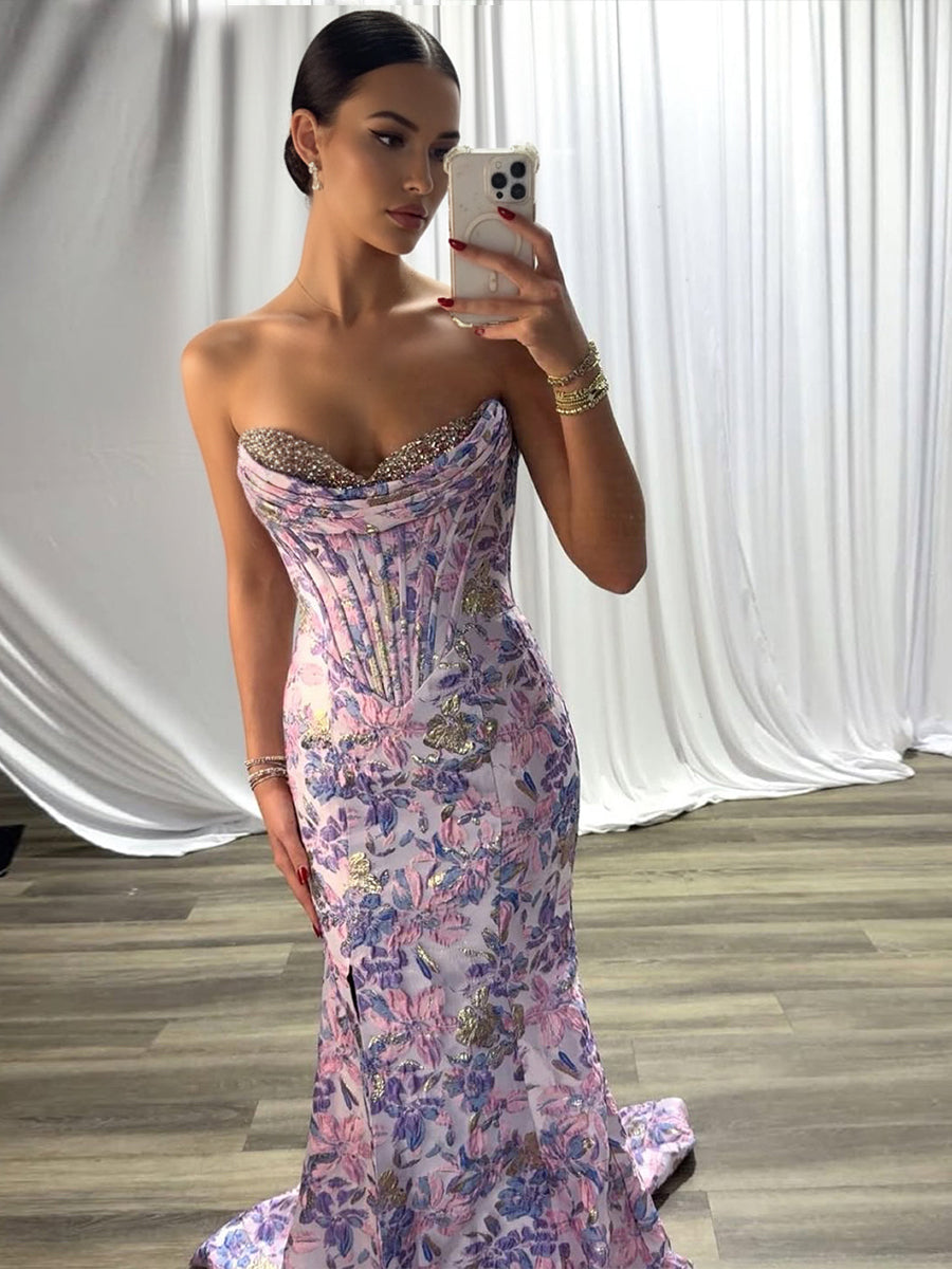 Glamorous Lilac Floral Embroidered Corset Long Prom Dress