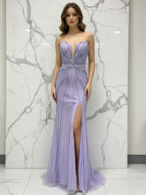 Glamorous Lilac Linear Beaded Long Prom Dress with Slit