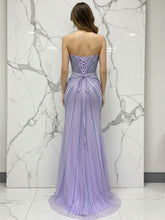 Glamorous Lilac Linear Beaded Long Prom Dress with Slit
