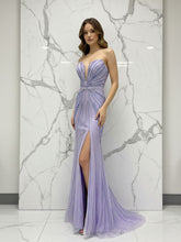 Glamorous Lilac Linear Beaded Long Prom Dress with Slit
