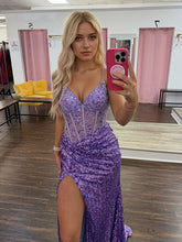 Glamorous Lilac Strapless Sequin Corset Prom Dress with High Slit