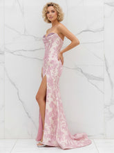 Glamorous Pink Floral Jacquard Corset Prom Dress with Beaded Bustier