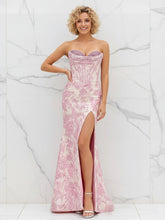 Glamorous Pink Floral Jacquard Corset Prom Dress with Beaded Bustier