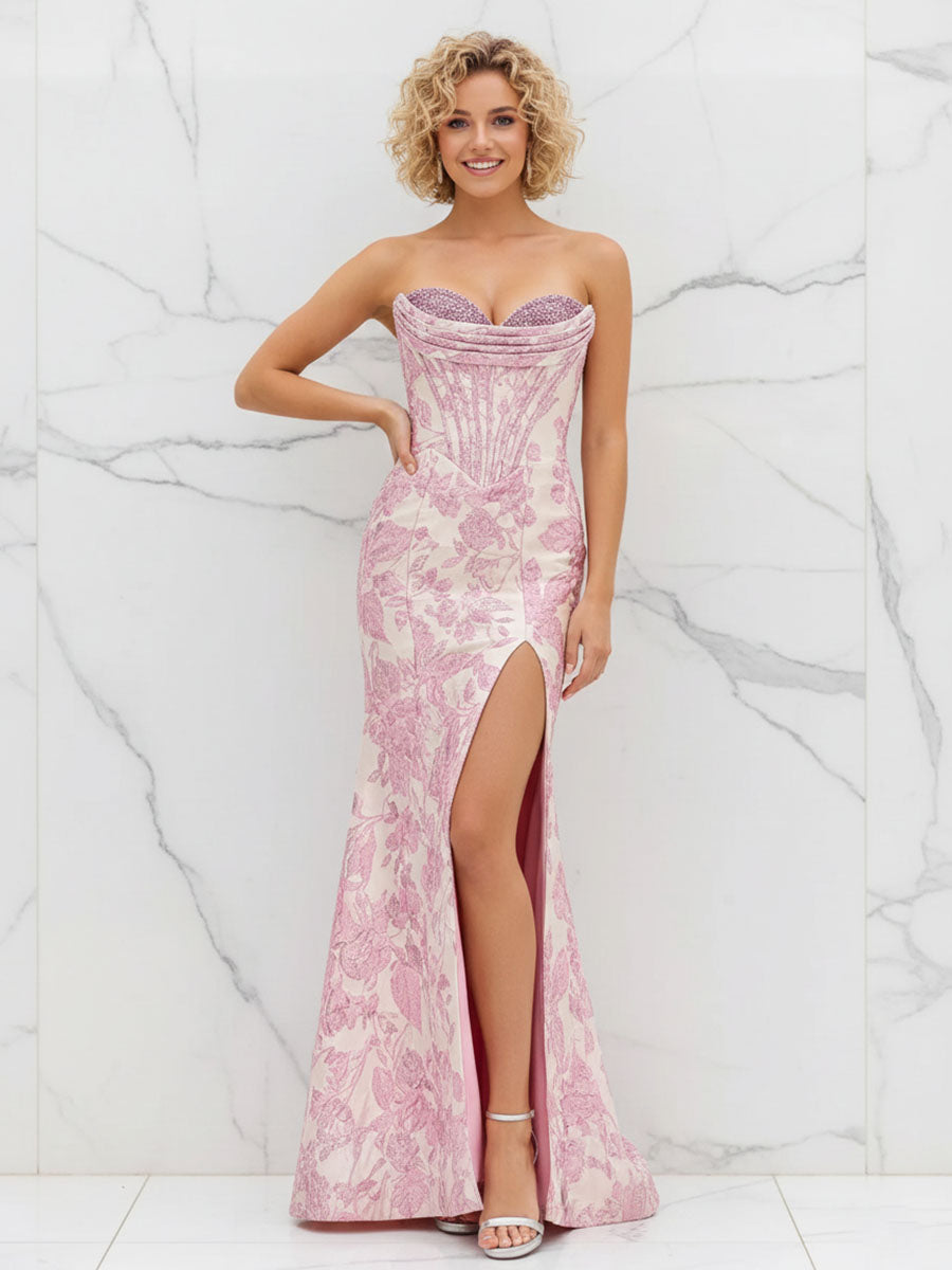 Glamorous Pink Floral Jacquard Corset Prom Dress with Beaded Bustier