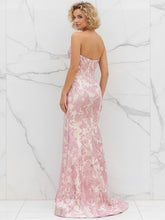 Glamorous Pink Floral Jacquard Corset Prom Dress with Beaded Bustier