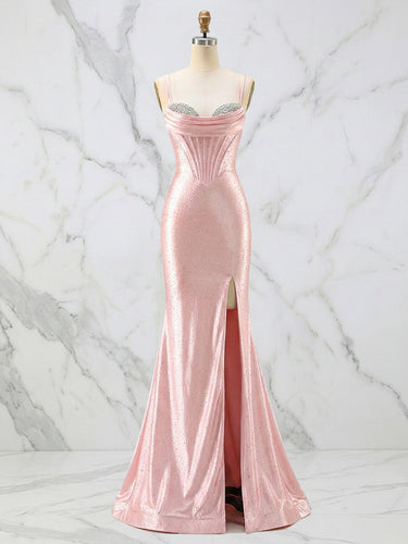 Glamorous Pink Shimmer Satin Corset Prom Dress with Crystal Bust