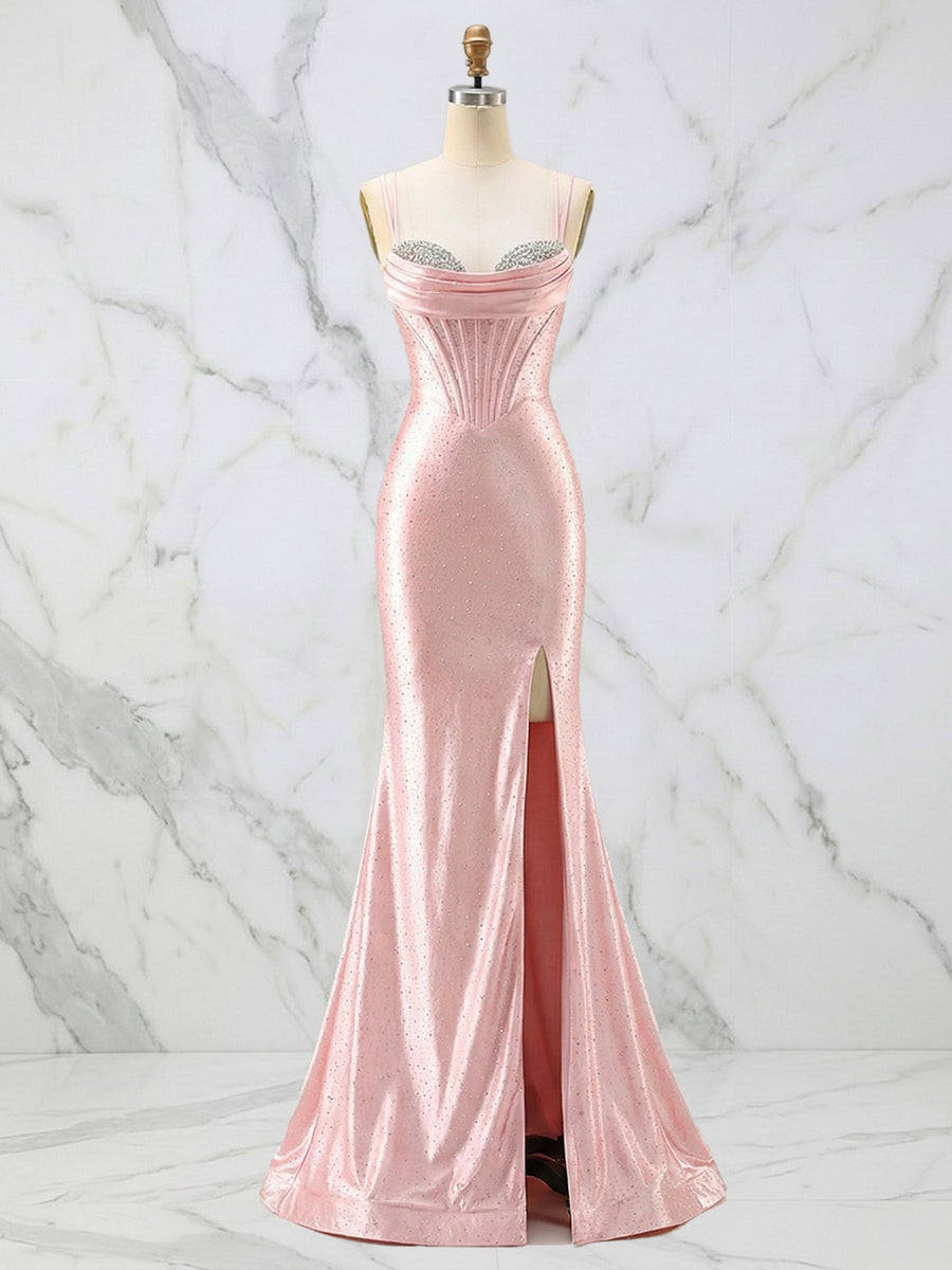 Glamorous Pink Shimmer Satin Corset Prom Dress with Crystal Bust
