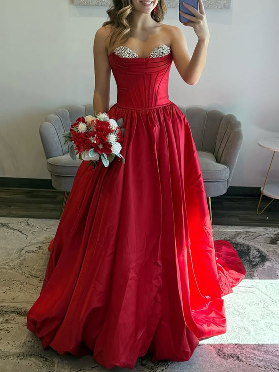 Glamorous Red Satin Strapless Prom Dress with Crystal Bust