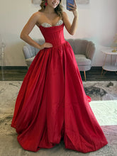 Glamorous Red Satin Strapless Prom Dress with Crystal Bust