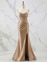 Glamorous Strapless Beaded Corset Satin Prom Dress with Slit