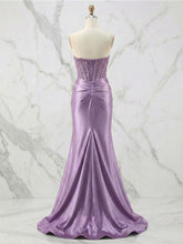 Glamorous Champagne Strapless Crystal Corset Satin Prom Dress with High Slit