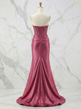 Glamorous Strapless Beaded Corset Satin Prom Dress with Slit