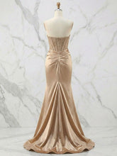 Glamorous Strapless Beaded Corset Satin Prom Dress with Slit