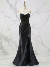Glamorous Champagne Strapless Crystal Corset Satin Prom Dress with High Slit