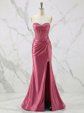 Glamorous Strapless Beaded Corset Satin Prom Dress with Slit