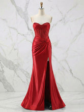 Glamorous Strapless Beaded Corset Satin Prom Dress with Slit