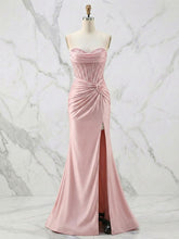 Glamorous Strapless Beaded Corset Satin Prom Dress with Slit