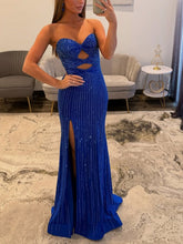Glamorous Royal Blue Linear Beaded Cutout Prom Dress with Slit