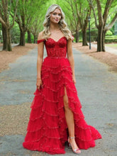 Glamorous Champagne Beaded Tiered Ruffle Corset Prom Dress with Slit