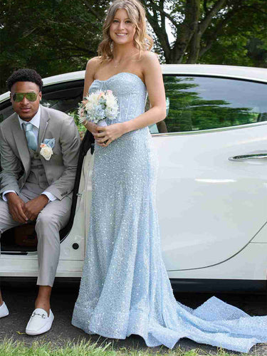 Glitter Blue Mermaid Strapless Sweetheart Long Prom Dress