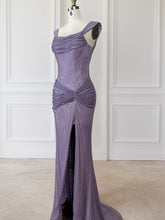 Glitter Lavender Off The Shoulder Shimmer Ruched Prom Dress with Slit