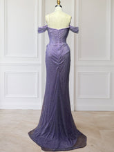 Glitter Lavender Off The Shoulder Shimmer Ruched Prom Dress with Slit