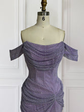 Glitter Lavender Off The Shoulder Shimmer Ruched Prom Dress with Slit