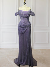 Glitter Lavender Off The Shoulder Shimmer Ruched Prom Dress with Slit