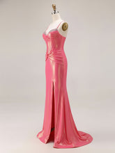 Glitter Mermaid Pleated Corset Long Prom Dress with Slit