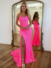 Glitter Mermaid Strapless Long Lace Prom Dress with Slit