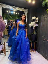 Glitter Royal BlueTiered Tulle Corset Long Prom Dress
