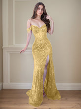 Red Off-the-Shoulder Beaded Tulle Long Prom Dress with Swirling Sequins