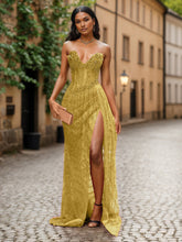 Red Strapless Beaded Fringe Waist Sequin Prom Dress with High Slit