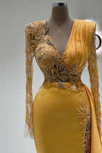 Elegant V-Neck Long Sleeves Mermaid Satin Prom Dresses with Train