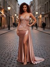 Gold Crystal Corset Bodice Shimmer Prom Dress with High Slit