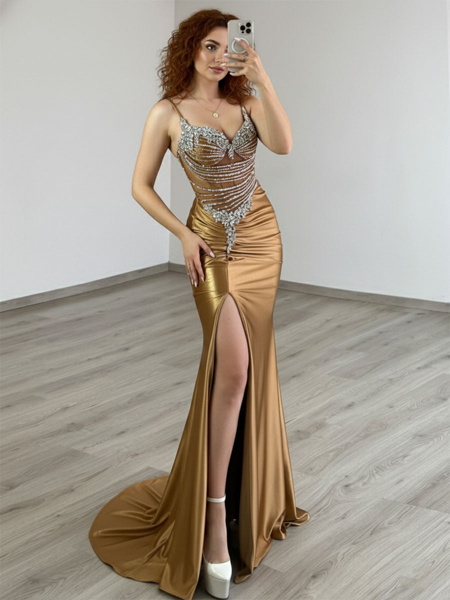 silk gold dress Pleated Long Formal Metallic Prom versatile gown Ladivine CD729 Elegantly Fitted Evening