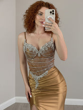 Gold Plunging V-Neck Beaded Bodice Satin Prom Dress with Slit