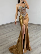 Gold Liquid Beaded Bodice Satin Prom Dress with Slit