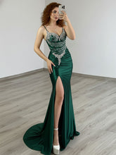 Gold Plunging V-Neck Beaded Bodice Satin Prom Dress with Slit