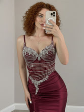 Gold Plunging V-Neck Beaded Bodice Satin Prom Dress with Slit