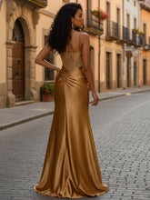 Gold Plunging V-Neck Cascading Crystal Satin Prom Dress with Slit