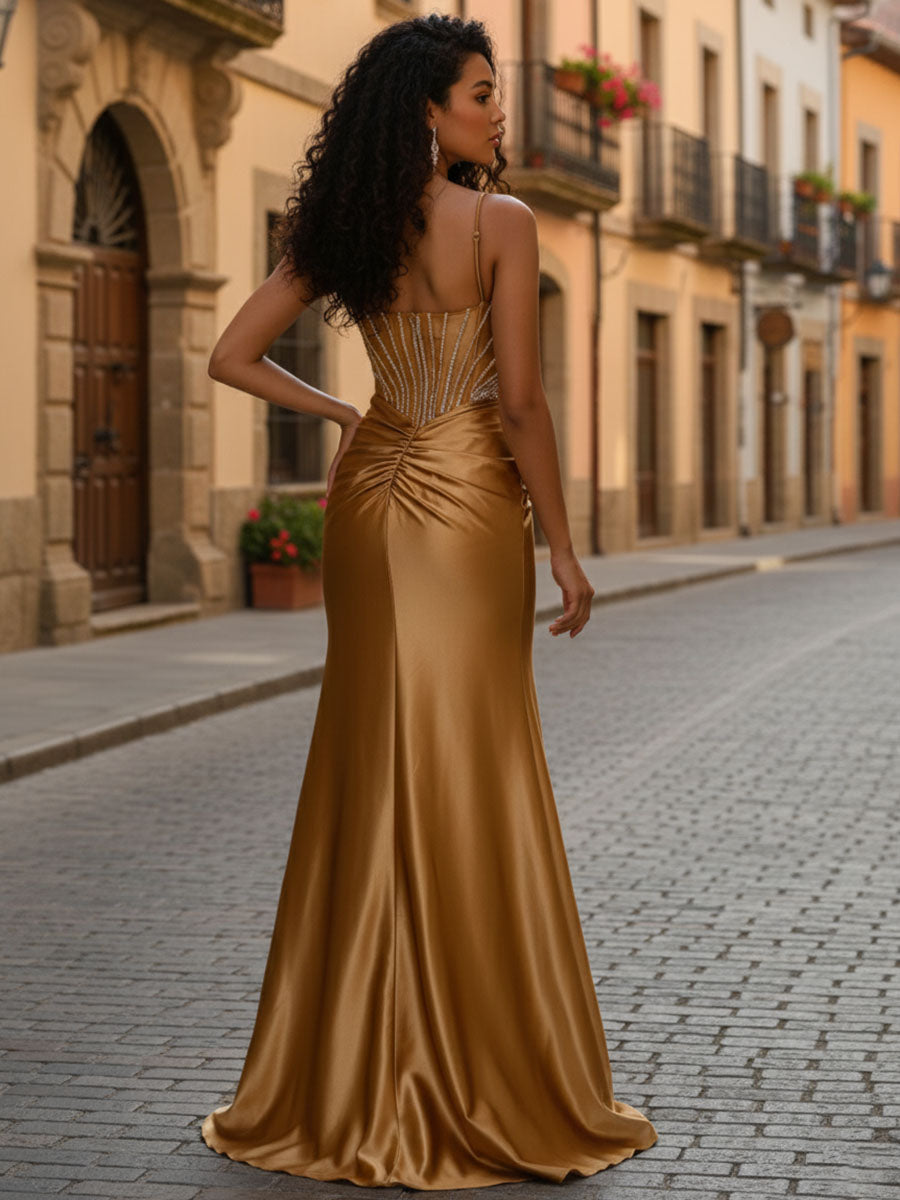 Gold Plunging V-Neck Beaded Bodice Satin Prom Dress with Slit – Anna PromDress