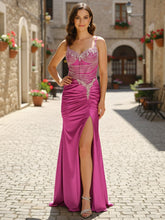 Gold Rhinestone Bodice Satin Sheer Corset Prom Dress with Slit