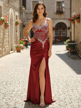 Gold Rhinestone Bodice Satin Sheer Corset Prom Dress with Slit
