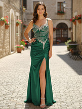 Gold Rhinestone Bodice Satin Sheer Corset Prom Dress with Slit