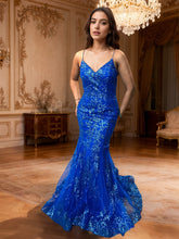 Gold Sequin V-Neck Metallic Embroidered Mermaid Prom Dress