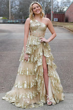 Gold Tulle Sequin One-Shoulder Ruffle Corset Prom Dress with Slit SYP173