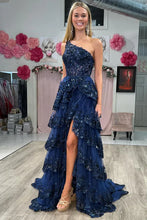 Gold Tulle Sequin One-Shoulder Ruffle Corset Prom Dress with Slit SYP173